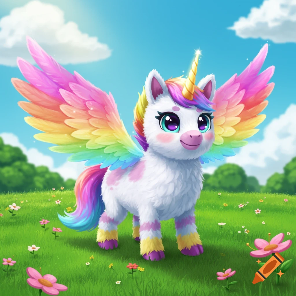 Cute fluffy white unicorn with rainbow wings and tail stands in a grassy field with flowers under a blue sky.