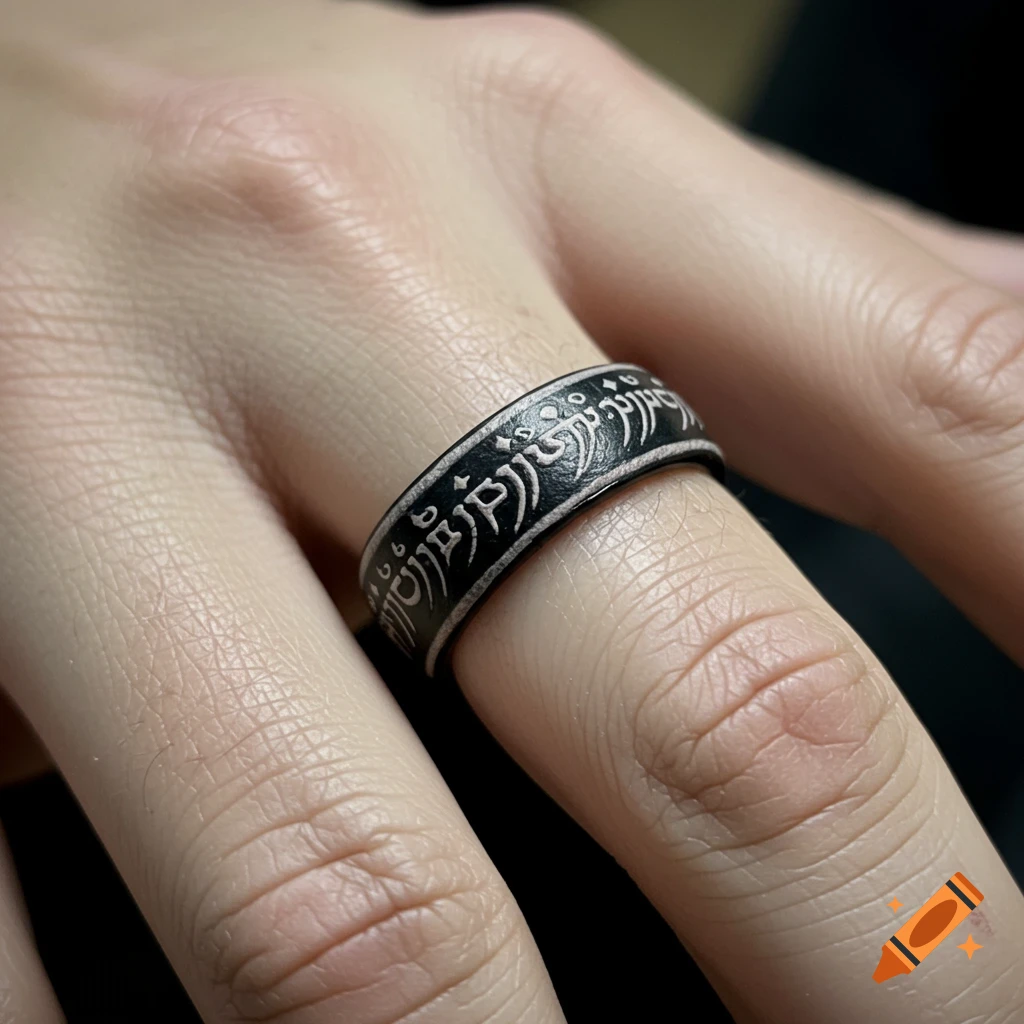 Close-up of a finger wearing a black ring with Elvish script
