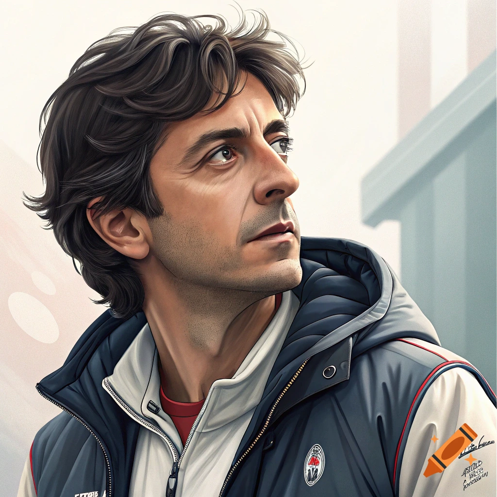 Detailed illustration of a man in a puffer vest looking up and to the side. Portrait style.