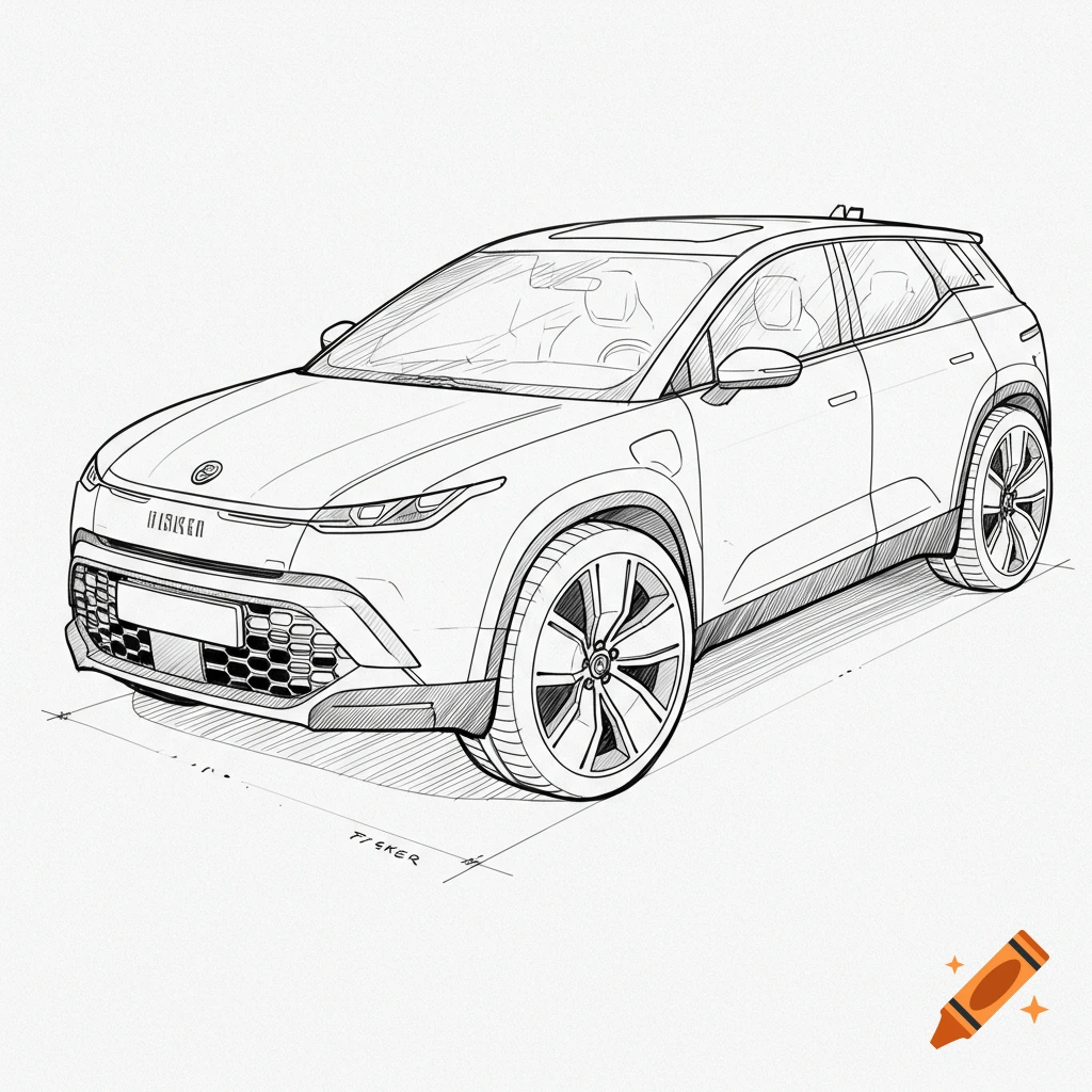 Black and white line drawing sketch of a modern SUV car.
