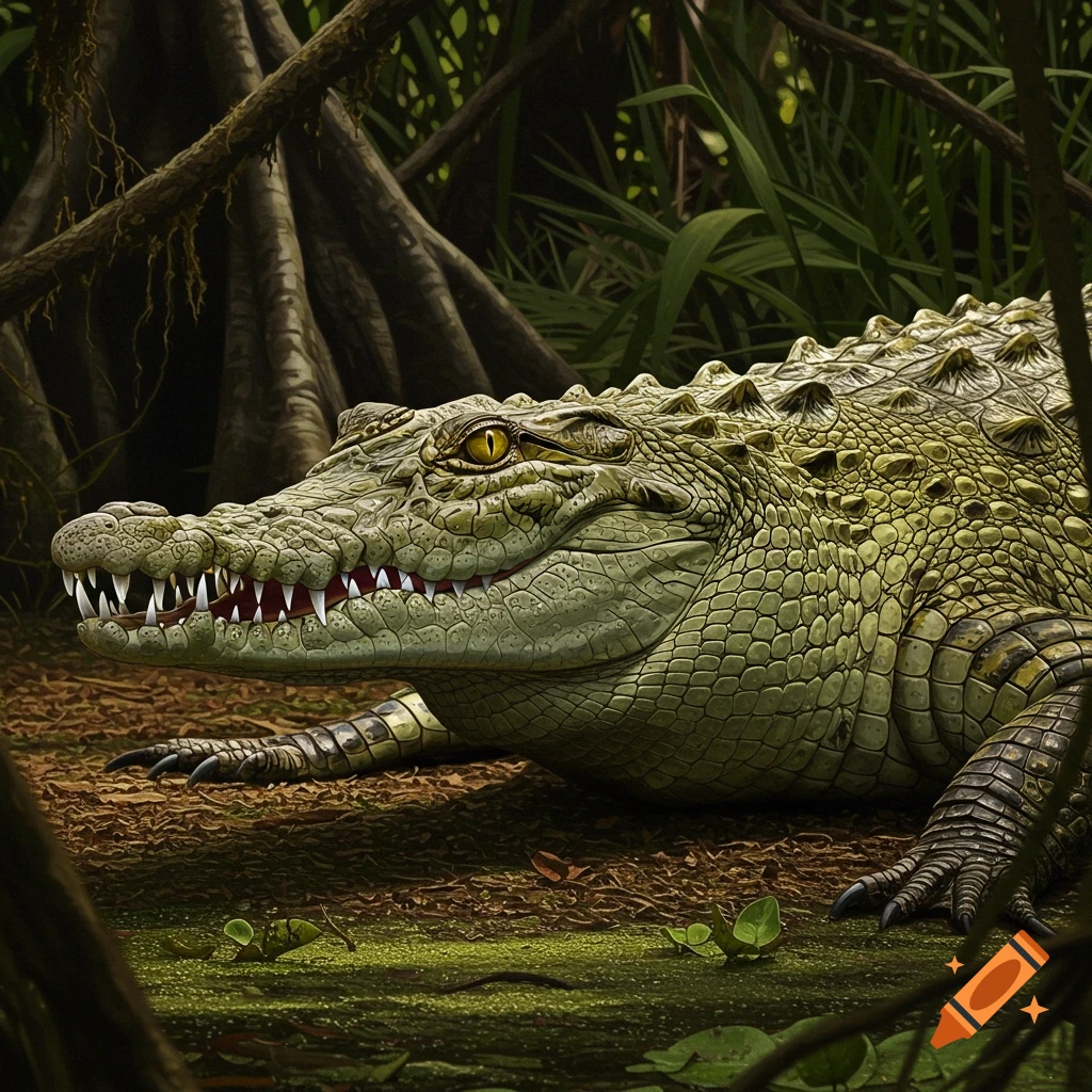 Close-up of a crocodile in a jungle swamp.