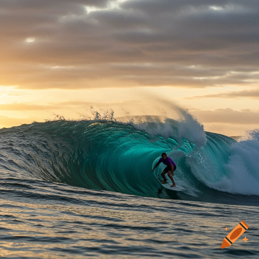 A surfer rides a large turquoise wave, backlit by a golden sky during sunset or sunrise.