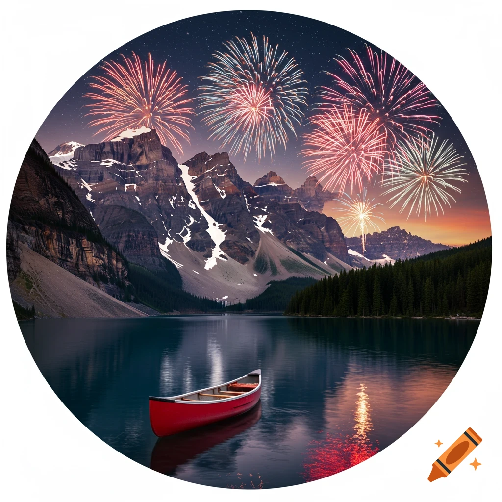 A red canoe floats on a lake at night with mountains in the background and fireworks in the sky.