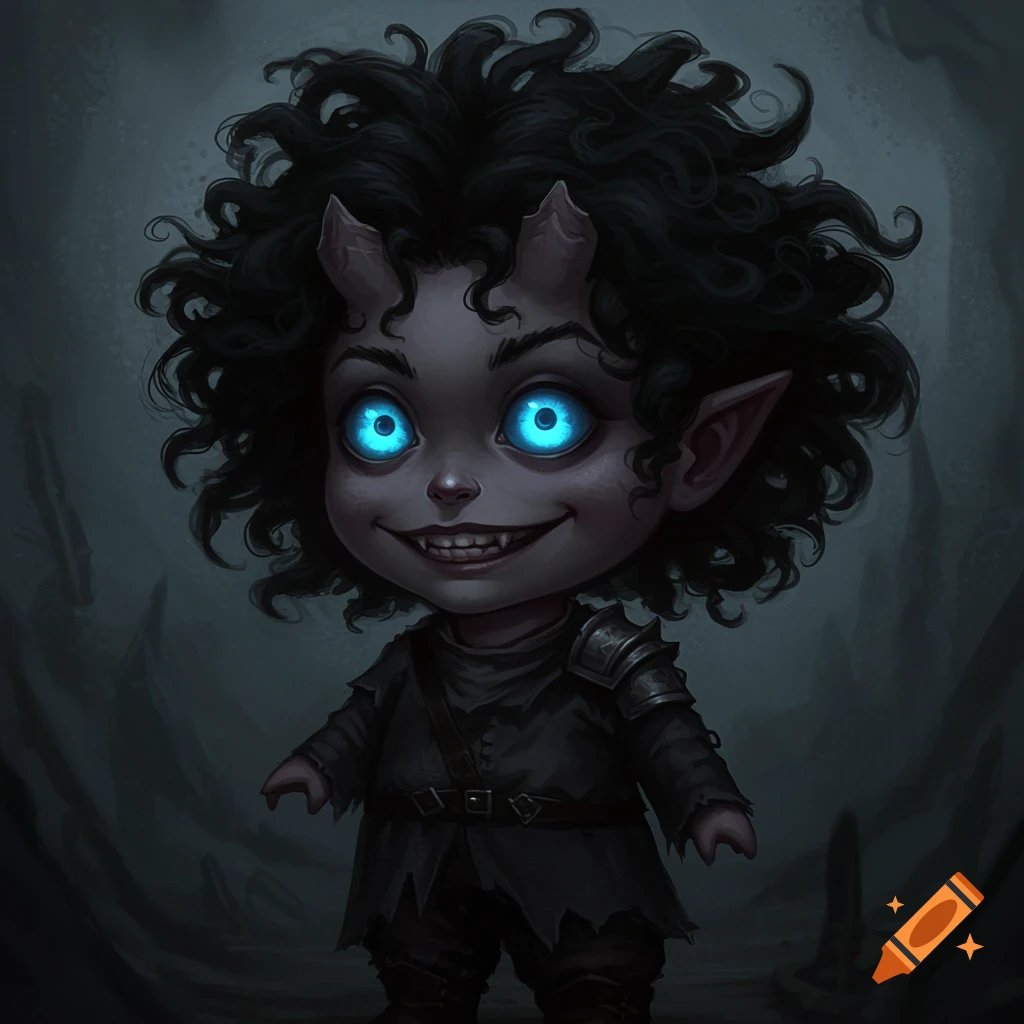 A small dark fantasy creature with horns, glowing blue eyes, and a grin in a dark setting.