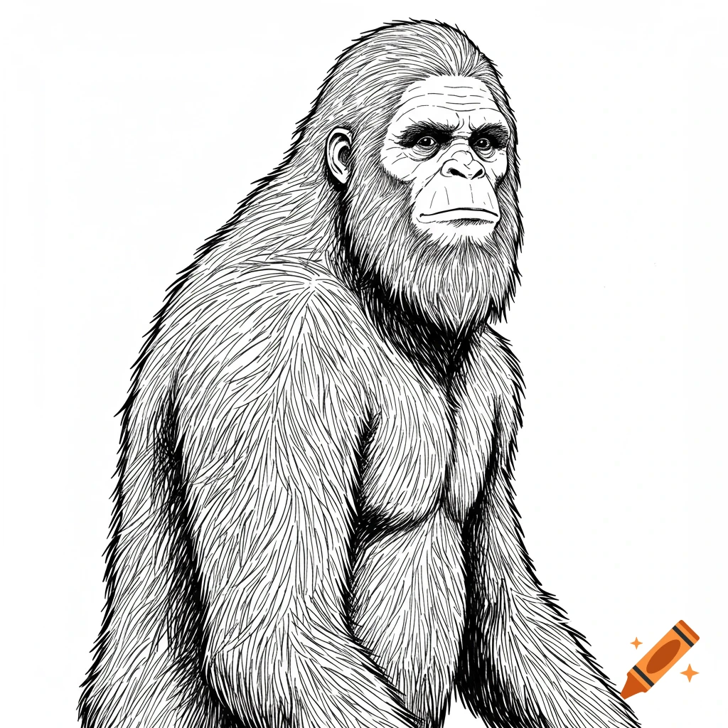A black and white sketch of a Sasquatch looking forward.