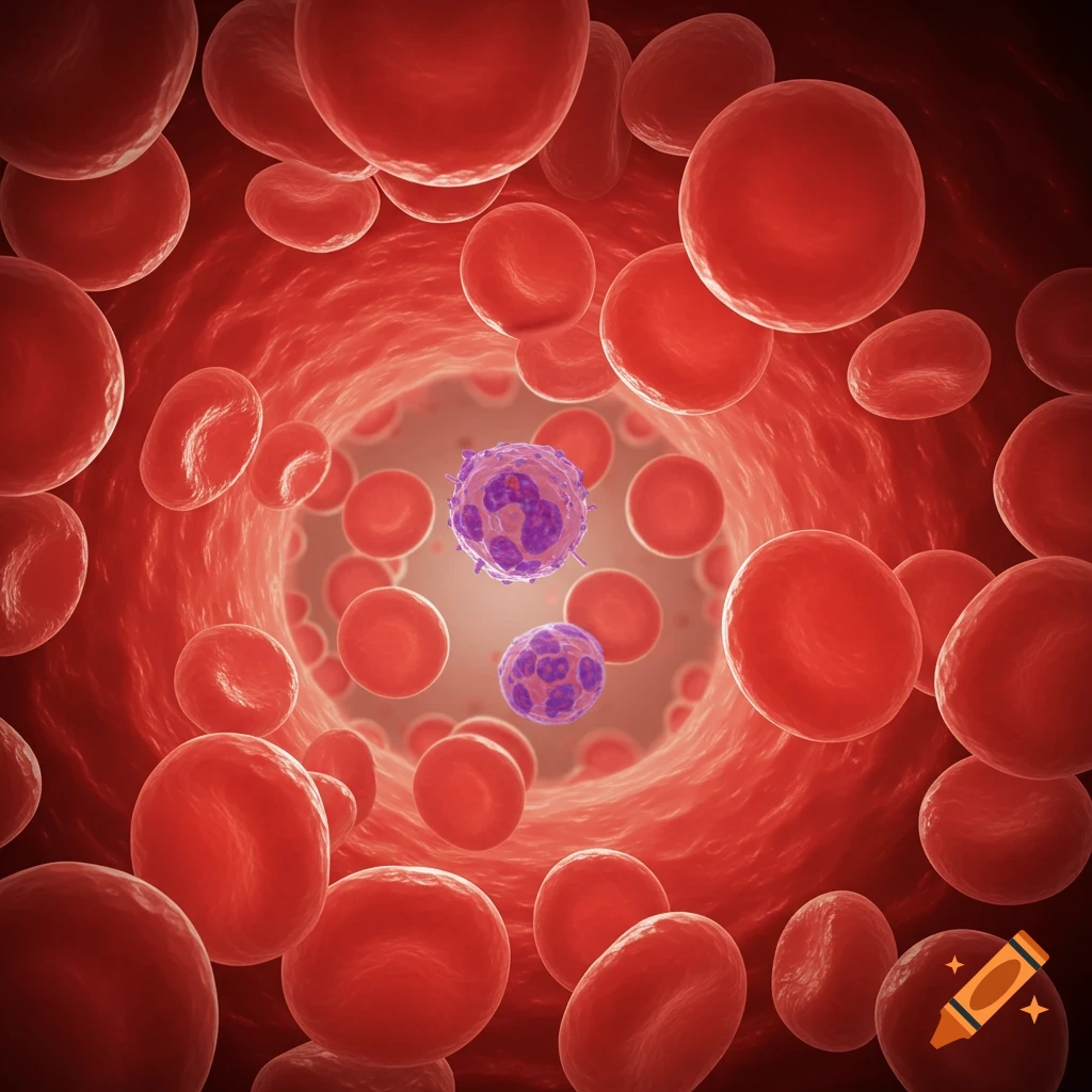 Digital illustration of red and white blood cells flowing through a blood vessel.