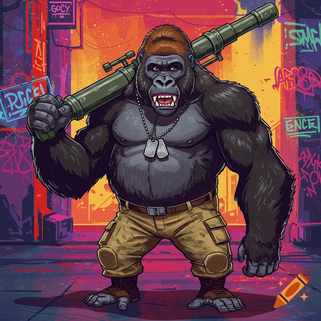 Illustration of a muscular cartoon gorilla in military pants and dog tags, holding a mortar on his shoulder, standing by a graffiti wall.