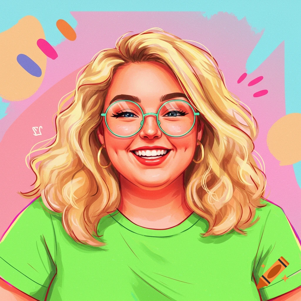 Painting of a smiling blonde woman with glasses and dimples against a colorful abstract background.