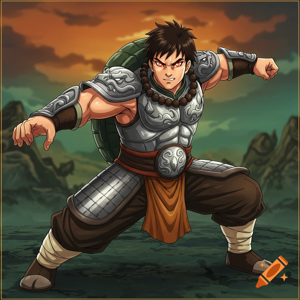 An anime-style character in elaborate armor with a turtle shell on their back is in a martial arts pose.