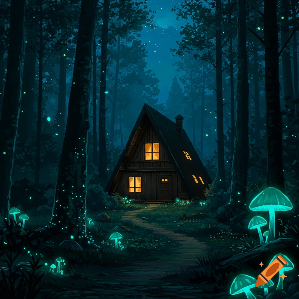 An A-frame house illuminated within a dark, enchanted forest with glowing mushrooms and fireflies