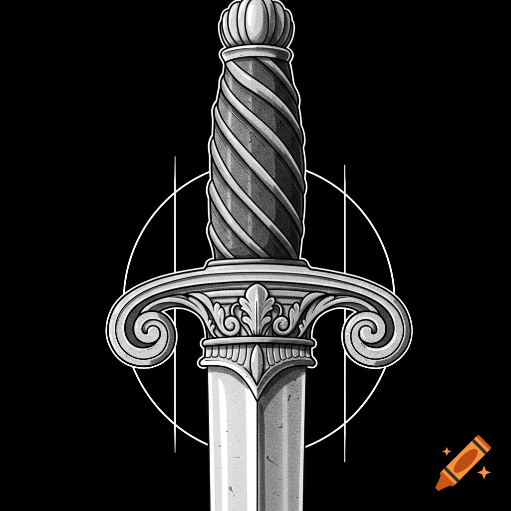 Monochrome illustration of a sword hilt with ornate Ionic column-inspired details against a black background.