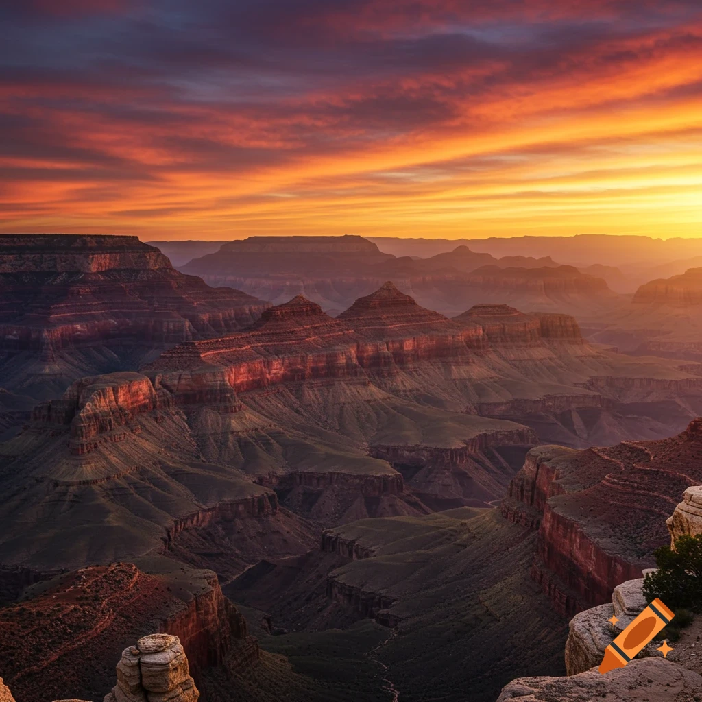A vast canyon landscape bathed in the warm light of a sunset.