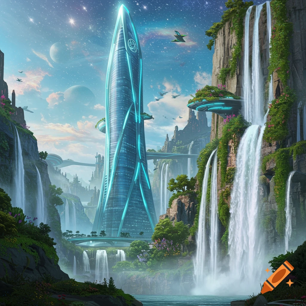 A futuristic skyscraper and flying vehicles are next to large waterfalls in a lush landscape with planets.