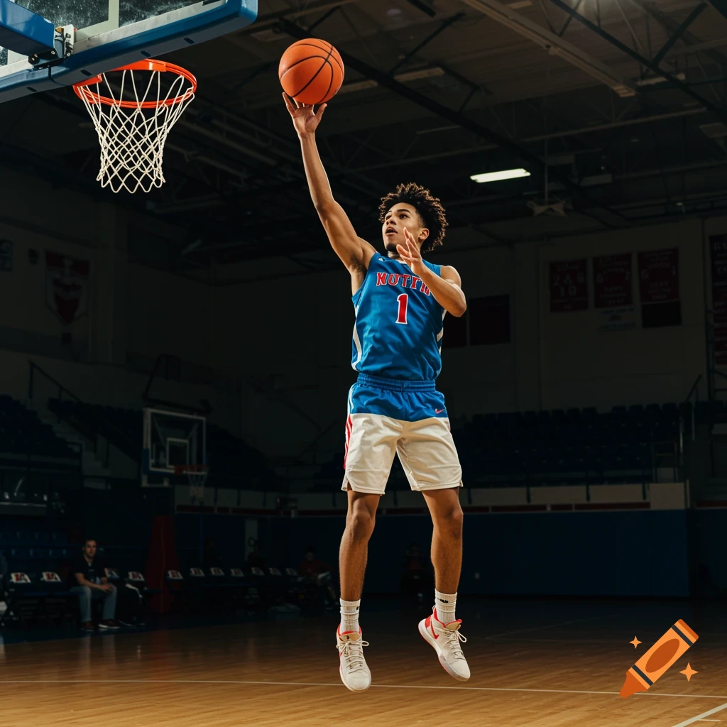 Young man mid-jump shooting a basketball in a gym, wearing a blue and white jersey.