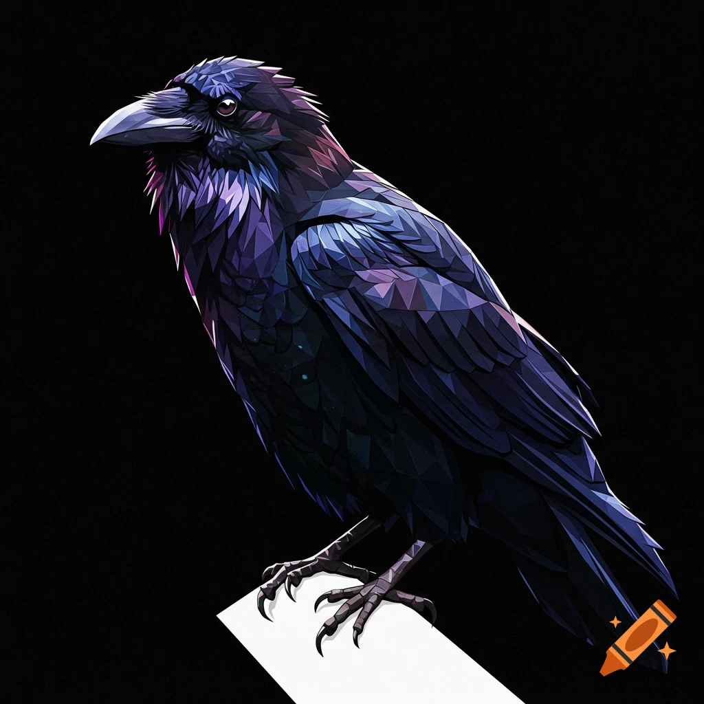 A geometric style depiction of a raven perched on a white surface against a black background