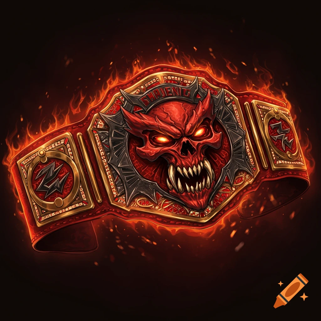 A red pro wrestling championship belt with a demonic skull centerpiece and fire effects.
