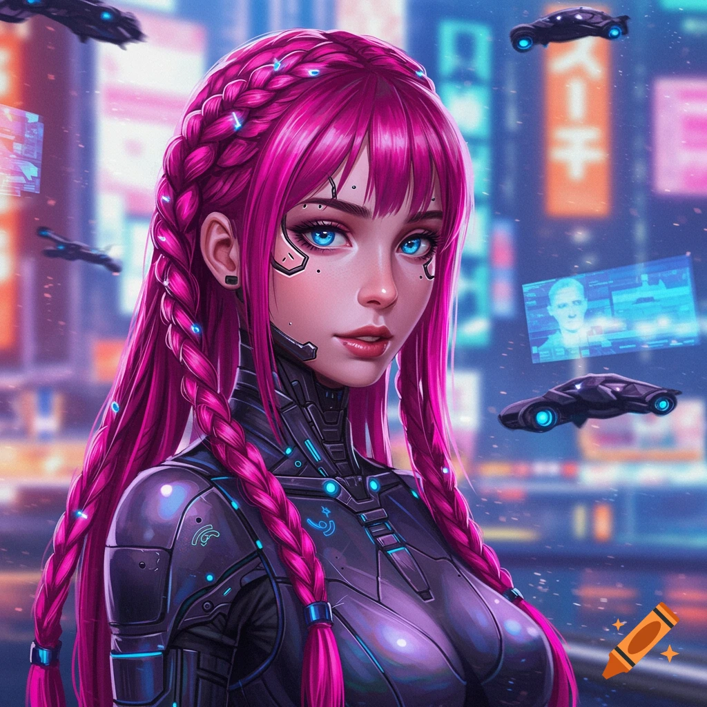 Digital art portrait of a futuristic girl with pink braided hair in a cyberpunk city