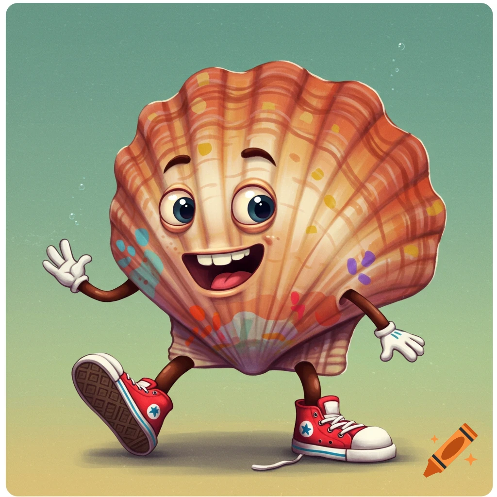 A cute cartoon scallop shell character wearing red sneakers waves on a beach.