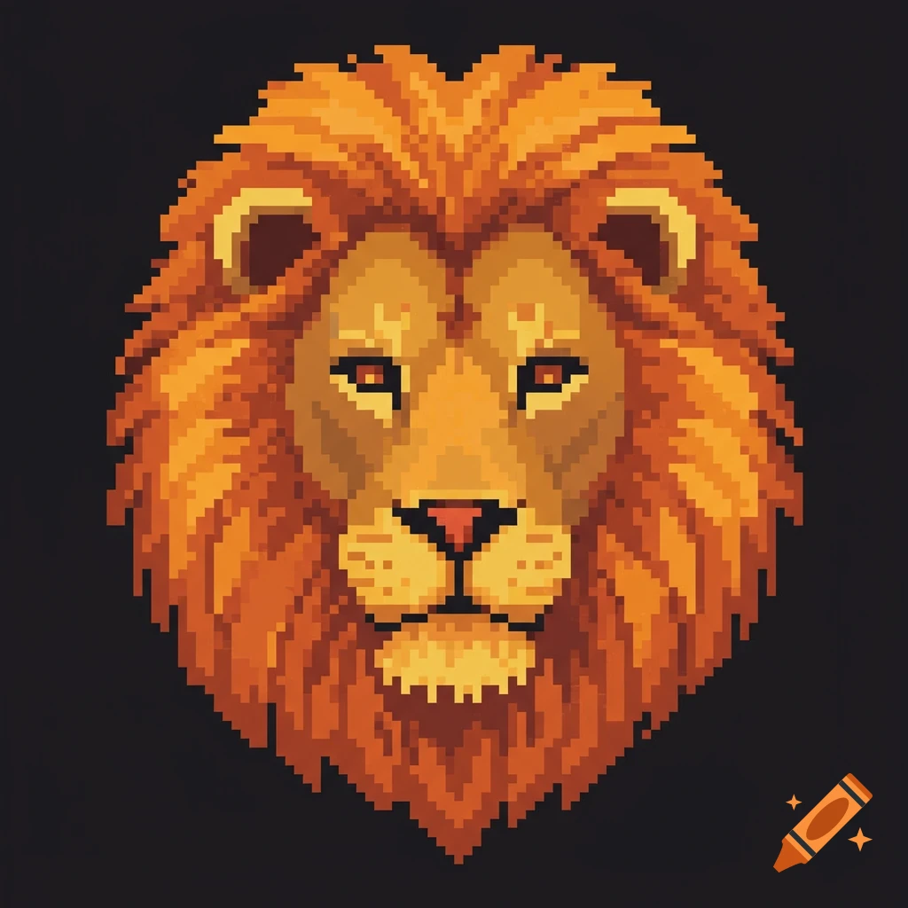 Pixel art depiction of a lion's head.