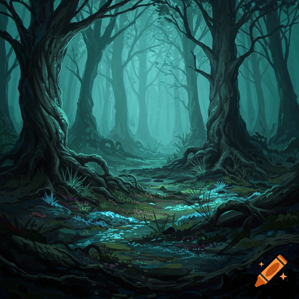 A dark, misty image of a path through a haunted forest with gnarled trees and roots.