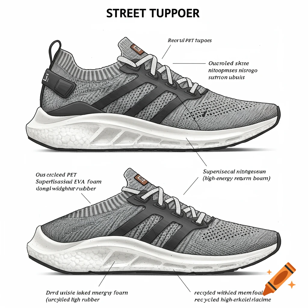 Two technical drawing views of a grey running shoe with labels pointing to parts.