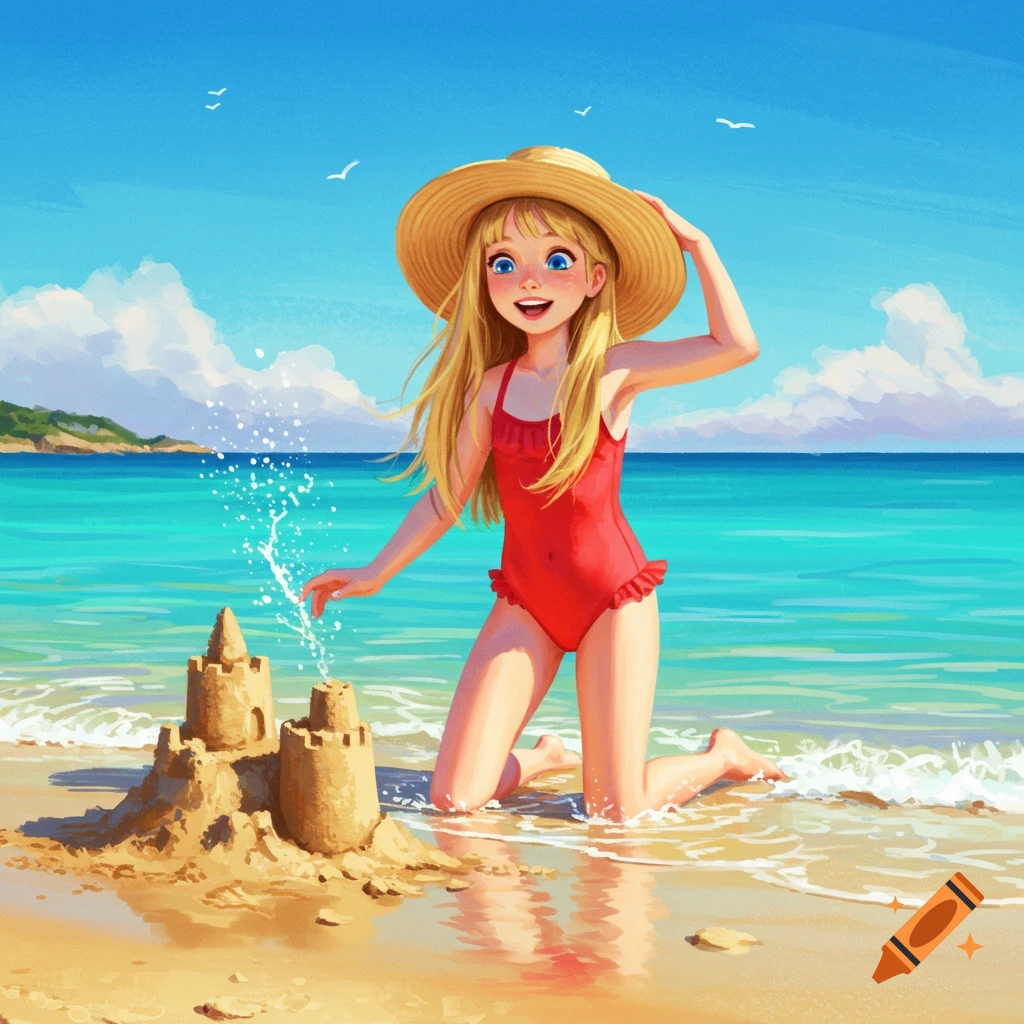 A girl in a red swimsuit building a sandcastle on a beach.