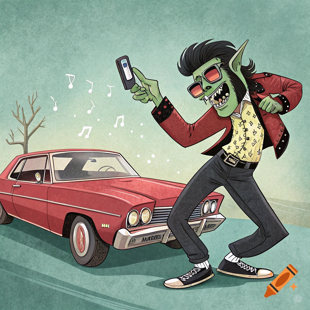 Illustration of a green monster with a pompadour dancing next to a red classic car while holding a cell phone.