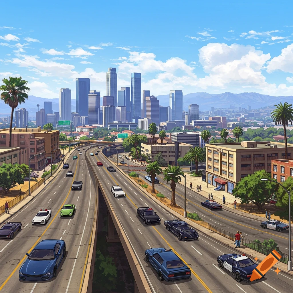 A busy highway leading to a cityscape with palm trees