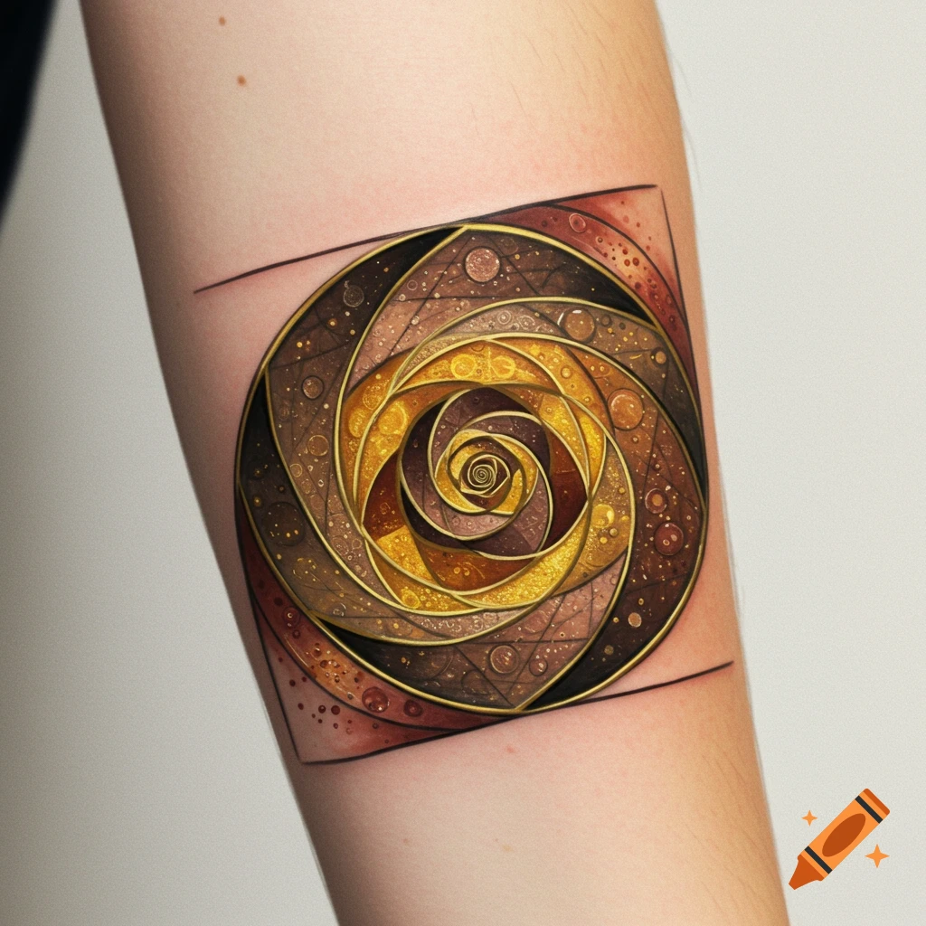 Golden and brown Fibonacci spiral tattoo on an arm.