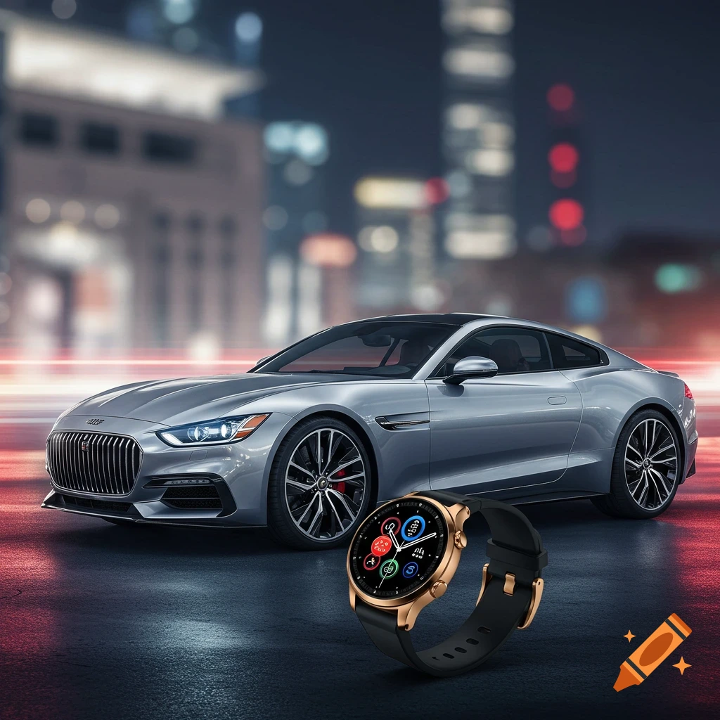 A silver sports car parked on a wet city street at night, with a gold and black smartwatch in the foreground.