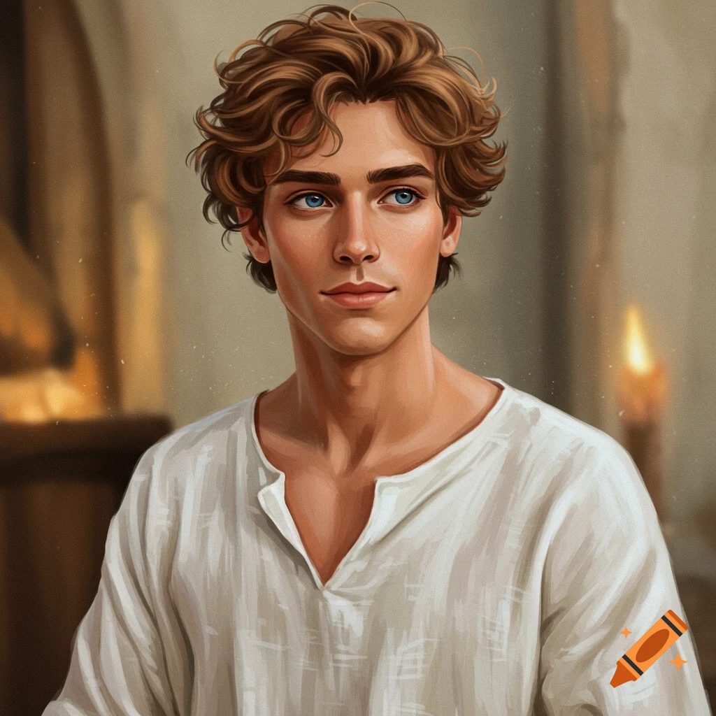 A young man with curly brown hair and blue eyes wearing a white shirt