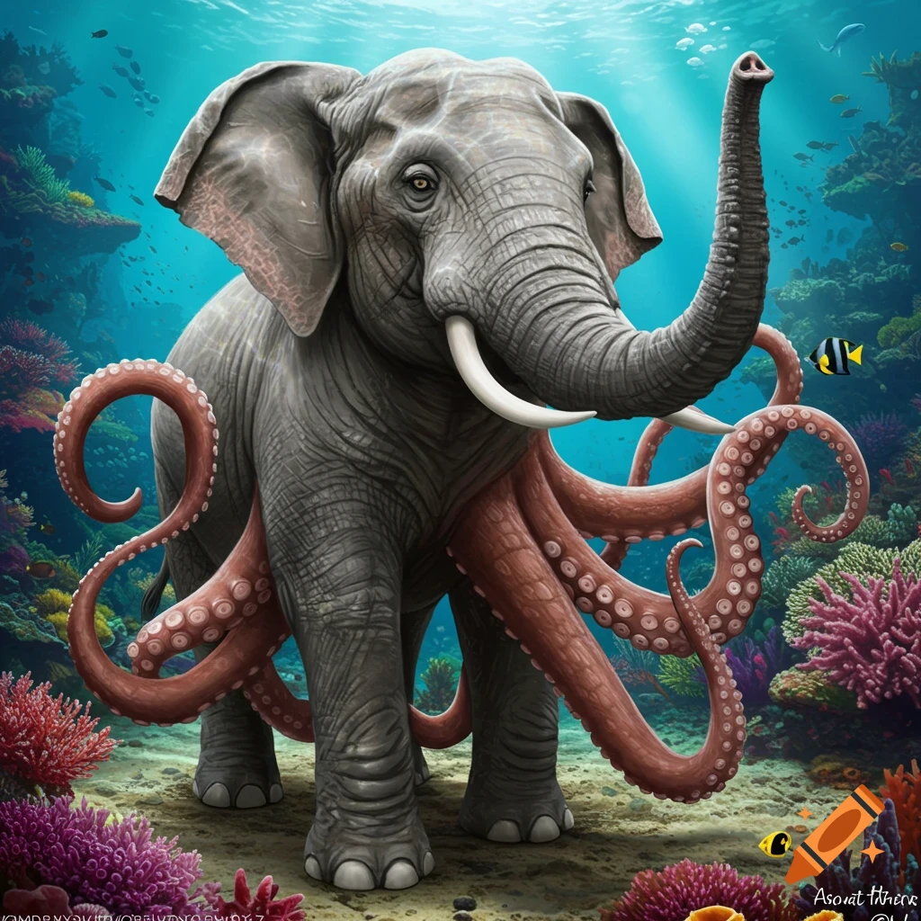 An elephant with octopus tentacles stands on a coral reef underwater