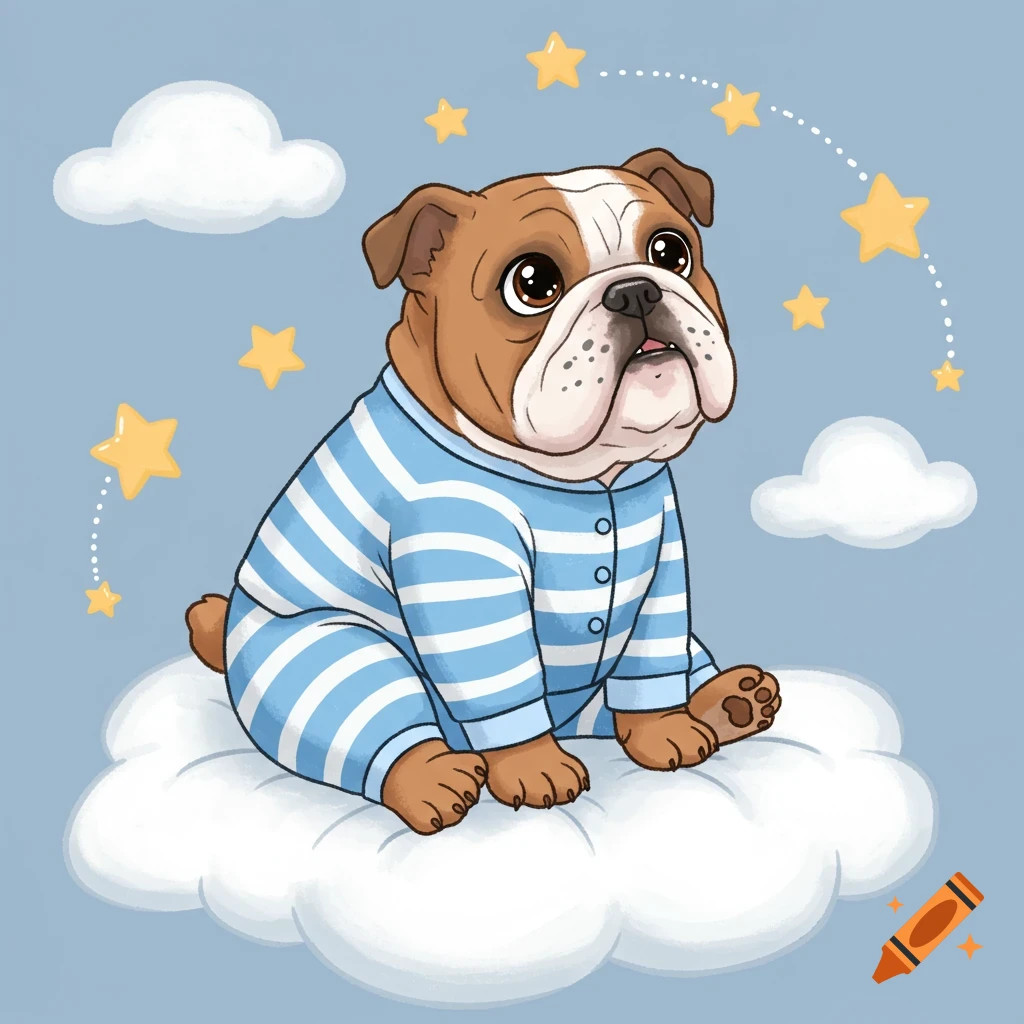 Cartoon bulldog in blue and white striped pajamas sits on a cloud with stars.