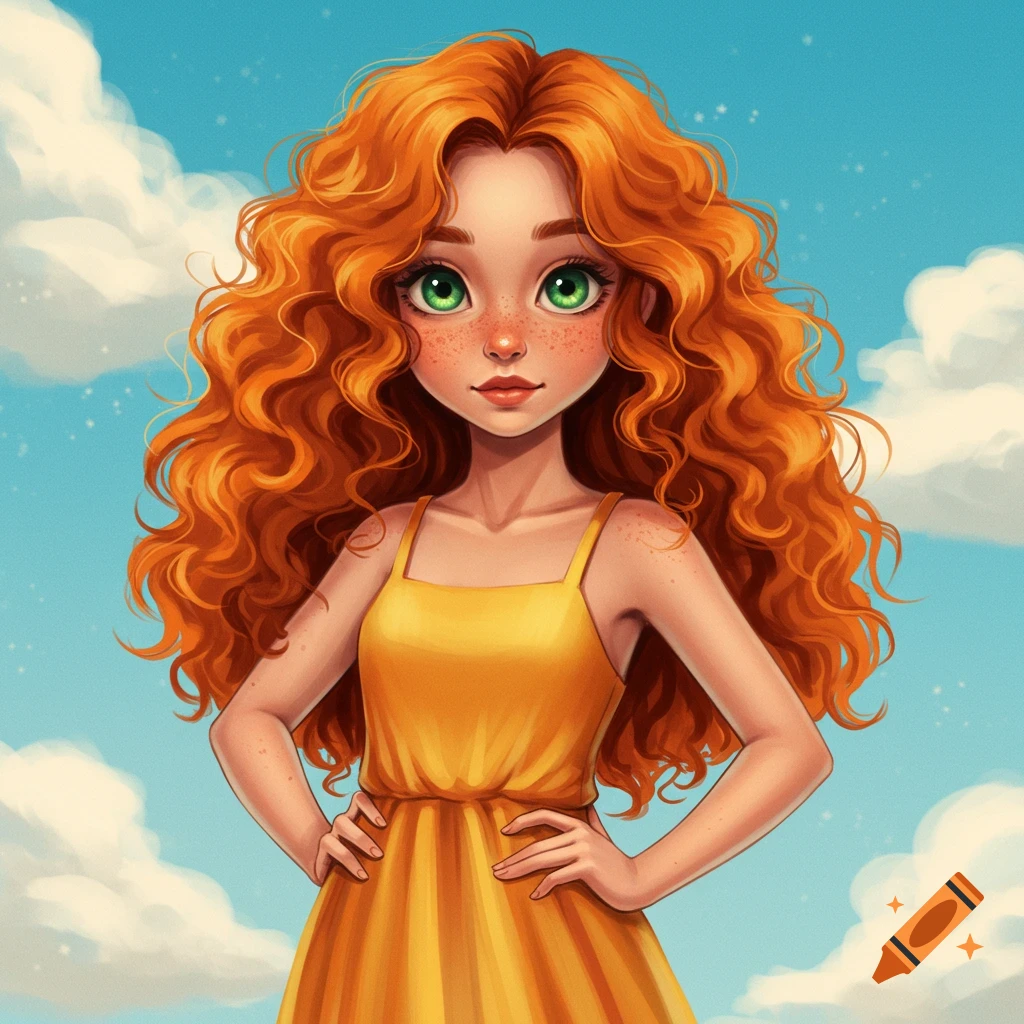 A girl with long orange curly hair, green eyes, freckles, and a yellow dress, standing with her hands on her hips.