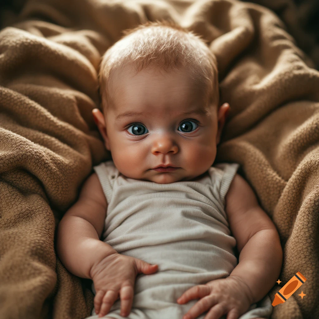 Close-up portrait of a baby with wide eyes lying on a brown blanket.