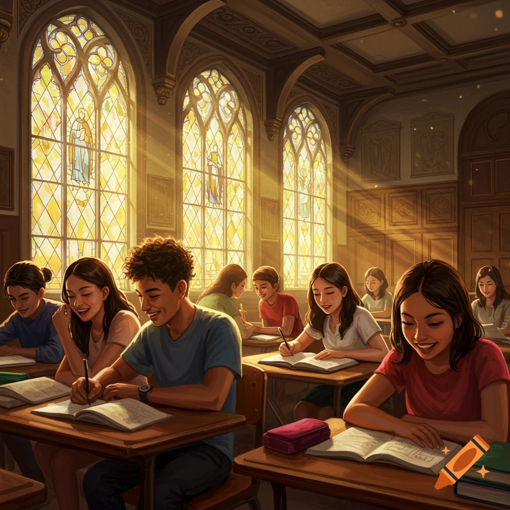 Happy students working at desks in a classroom with large stained glass windows.