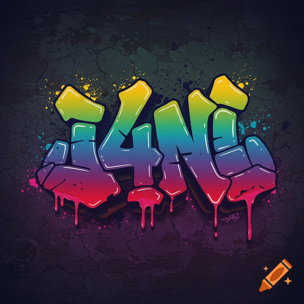 3D graffiti art spelling 'i4ni' on a dark textured background with paint splatter.