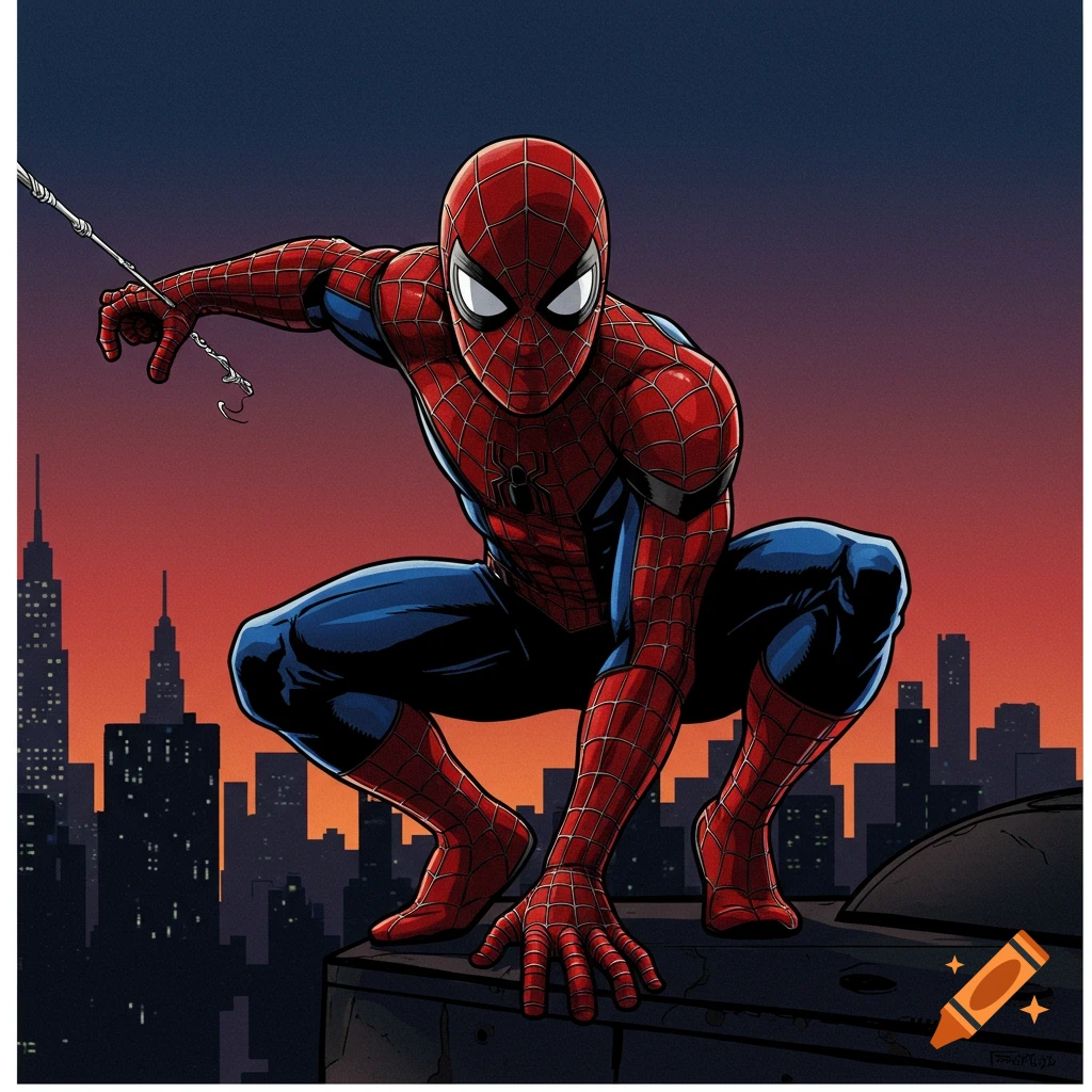 Spider-Man crouches on a rooftop overlooking a city skyline at sunset.
