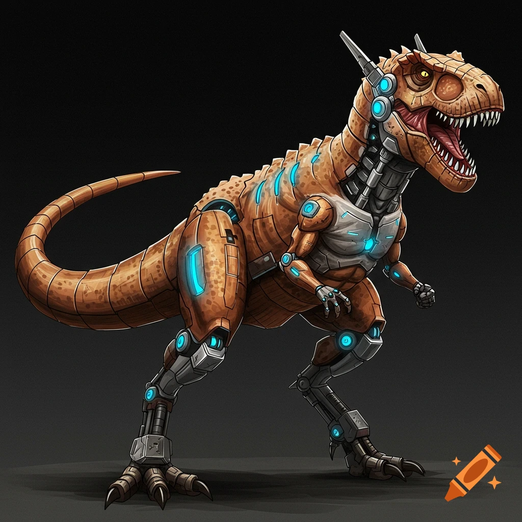 A brown and silver robotic T-Rex standing.