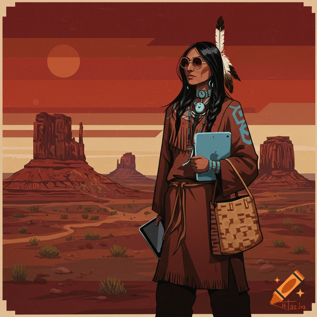 A person in Native American clothing holds a tablet in a desert landscape with mesas at sunset.