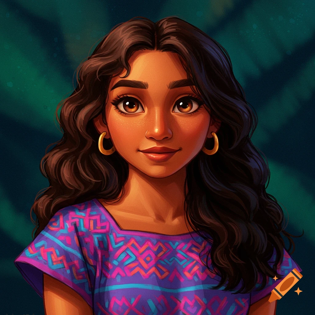 A portrait of a young woman with long dark wavy hair, brown eyes, gold hoop earrings, and a colorful patterned shirt.