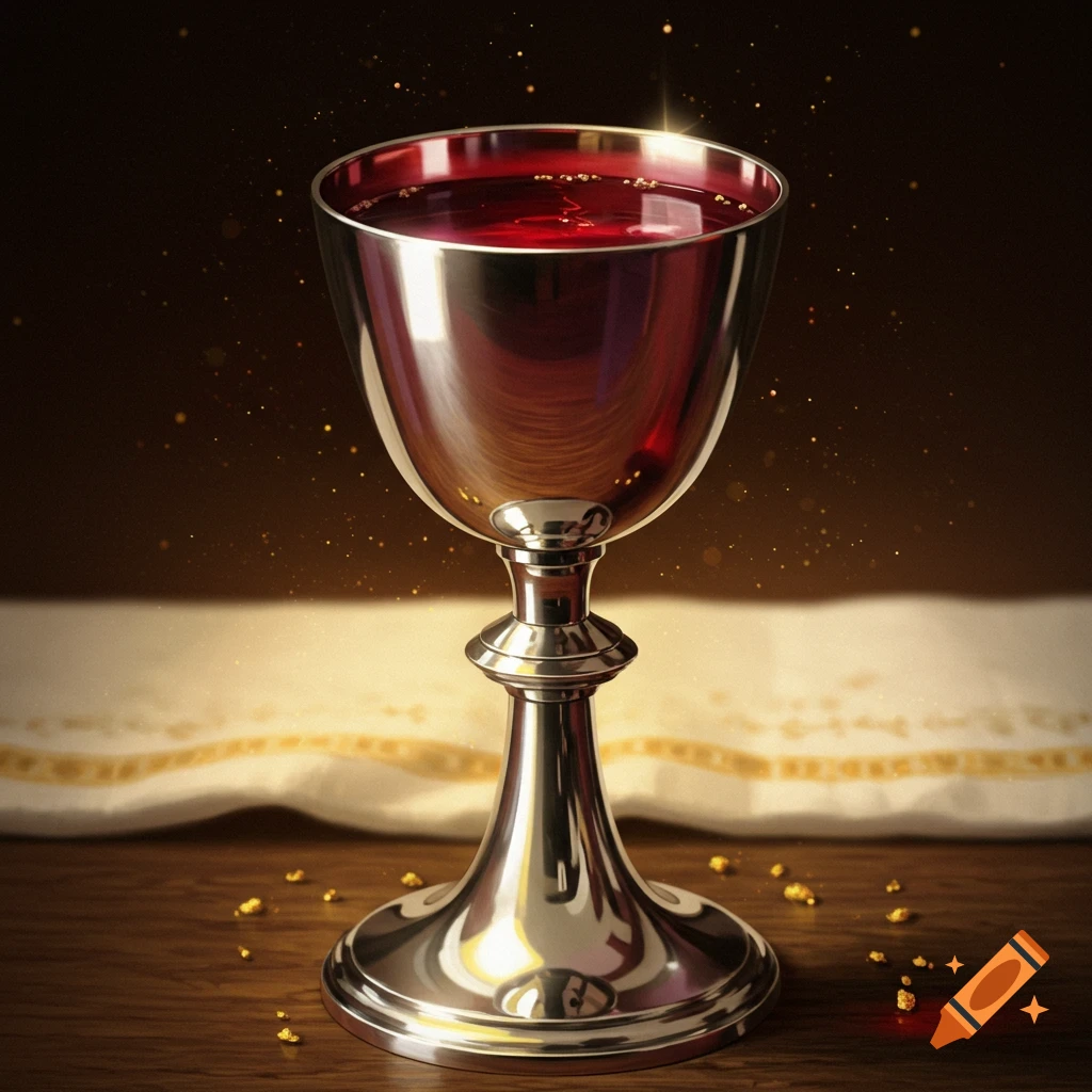 A silver chalice filled with red wine sits on a wooden table, with a white cloth positioned behind it.  Glittering particles are visible.