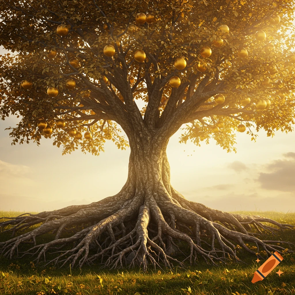 A majestic tree with golden fruits and exposed roots under warm sunlight.