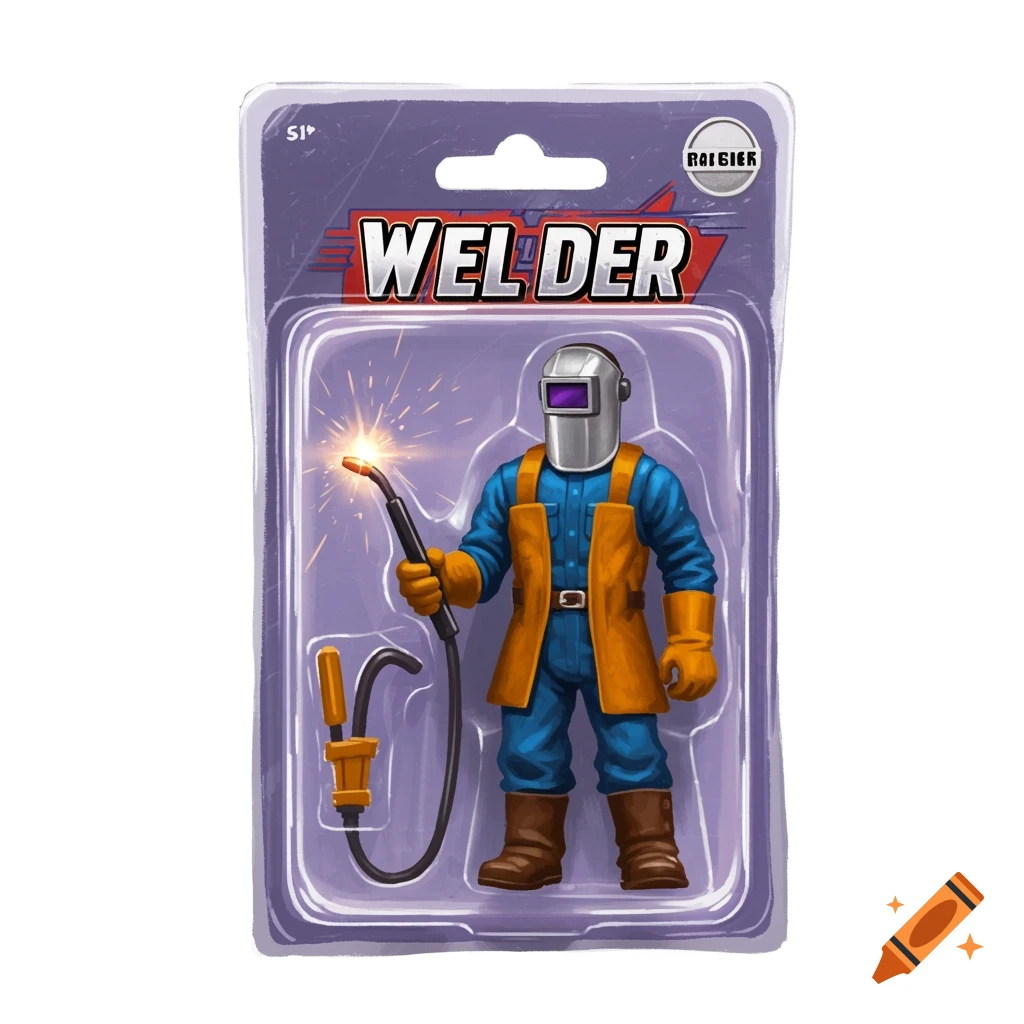 An action figure of a welder in blister pack packaging.