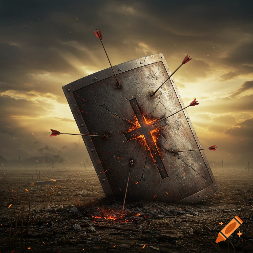 Battle-worn shield with a glowing cross symbol and embedded arrows on a battlefield under a stormy sky.