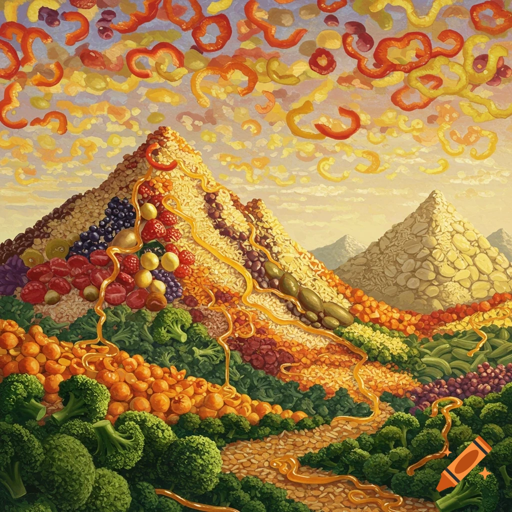 A landscape with mountains and valleys made of various foods like fruit, vegetables, and grains.