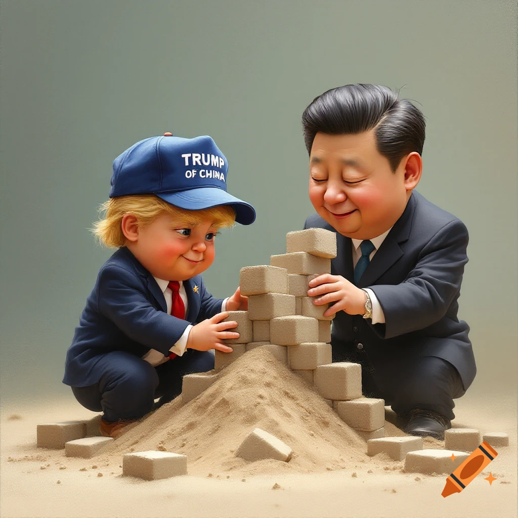Caricatures of toddler Trump and adult Xi build a sand structure together.