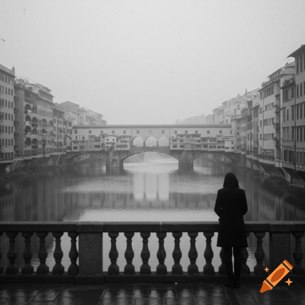 Black and white atmospheric photo of a person looking at the Ponte Vecchio bridge over a river.