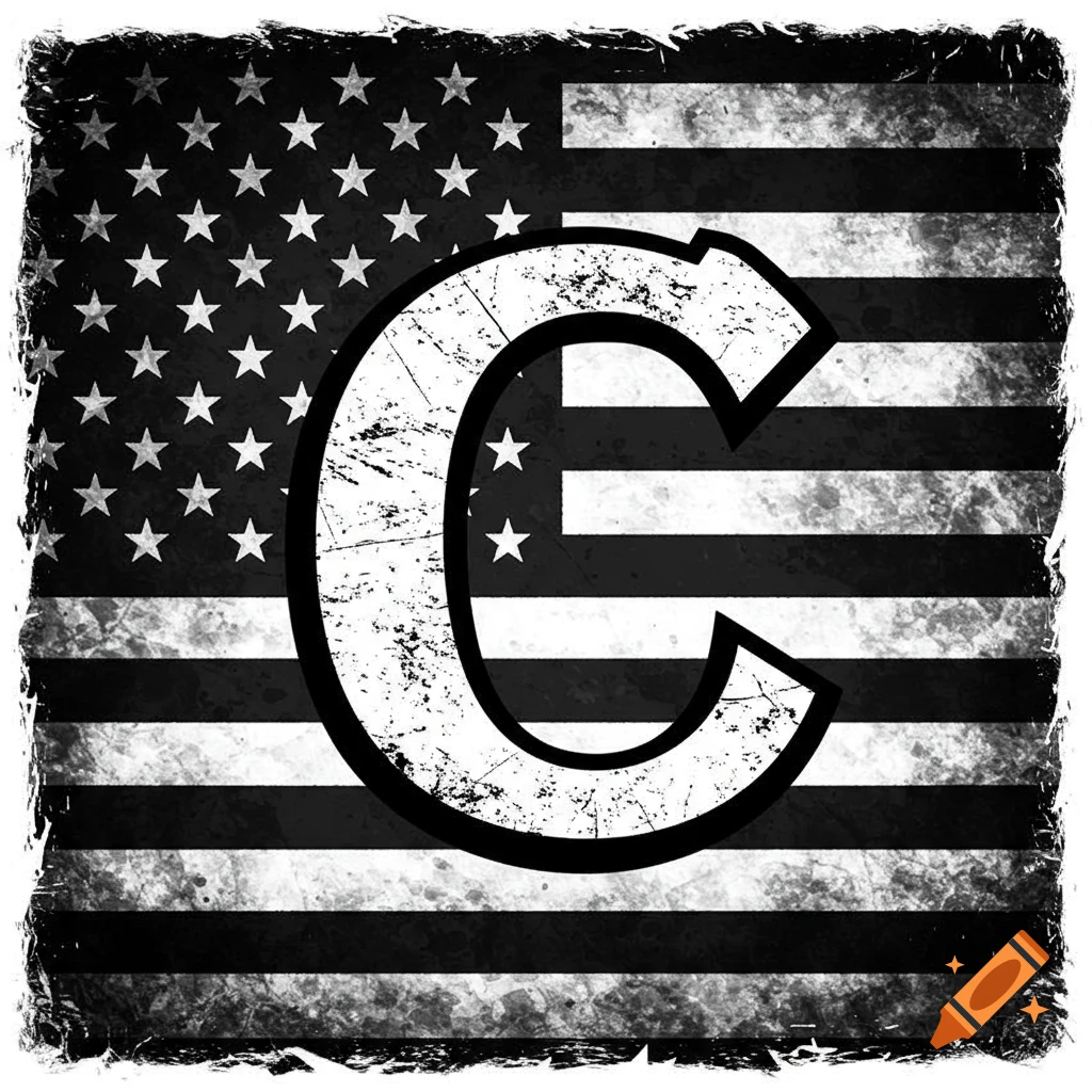 Distressed black and white American flag with a large C in the center.