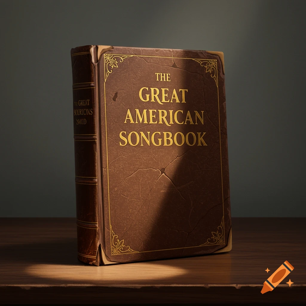 A brown leather-bound book titled "The Great American Songbook" rests on a wooden surface in dramatic lighting.